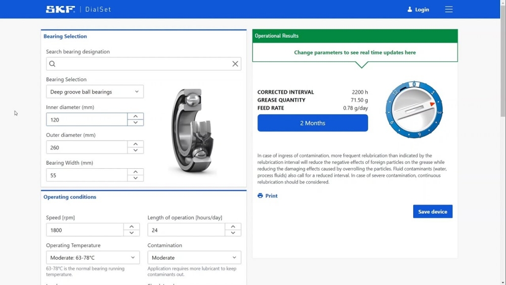 SKF DIAL SET 그리스 주입양을 계산해 주는 프로그램